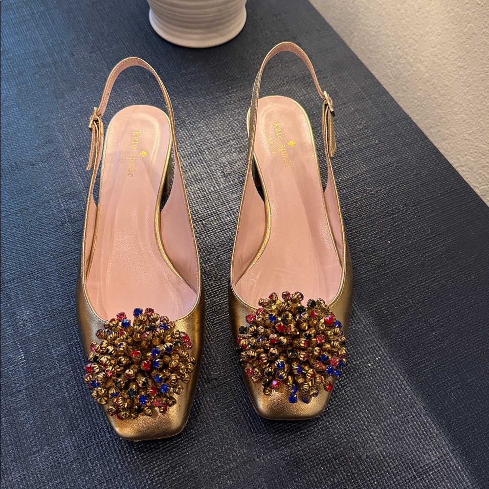 kate spade Gold Slingback Heels with Pink Insole and Jewel Cluster